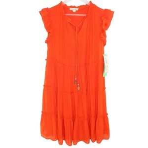 Indigo Rose Tiered Mini Dress Ruffle Sleeve Tassel Tie PM Orange